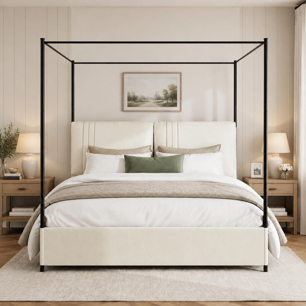 King Canopy Bed Frame with Tall Upholstered Faux Leather Headboard