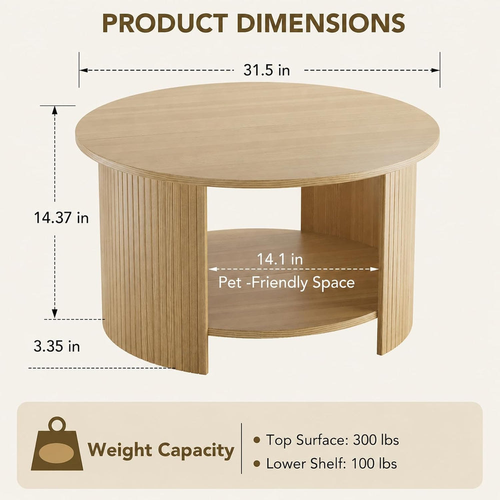 Round Coffee Table with Storage, 31.5" Modern Fluted Center Table, 2-Tie...