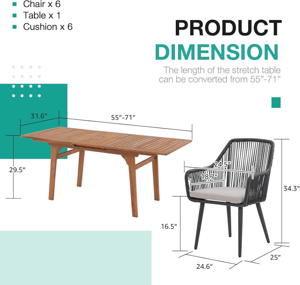 Patiorama 7 Piece Outdoor Dining Set, 55"-71" Wood Expandable Table...