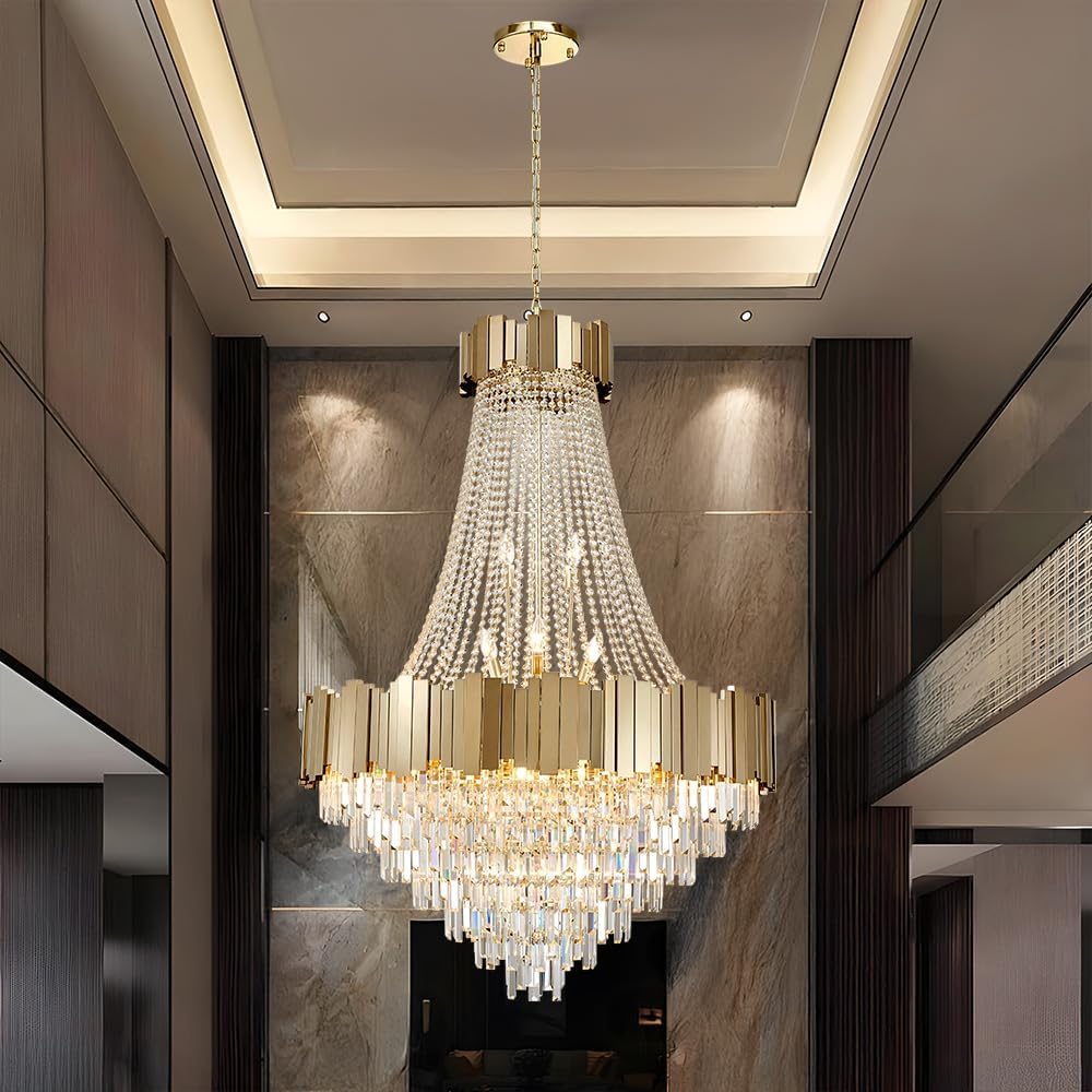 Crystal Chandeliers for High Ceilings 27-Light Modern Chandelier Large Gold C...