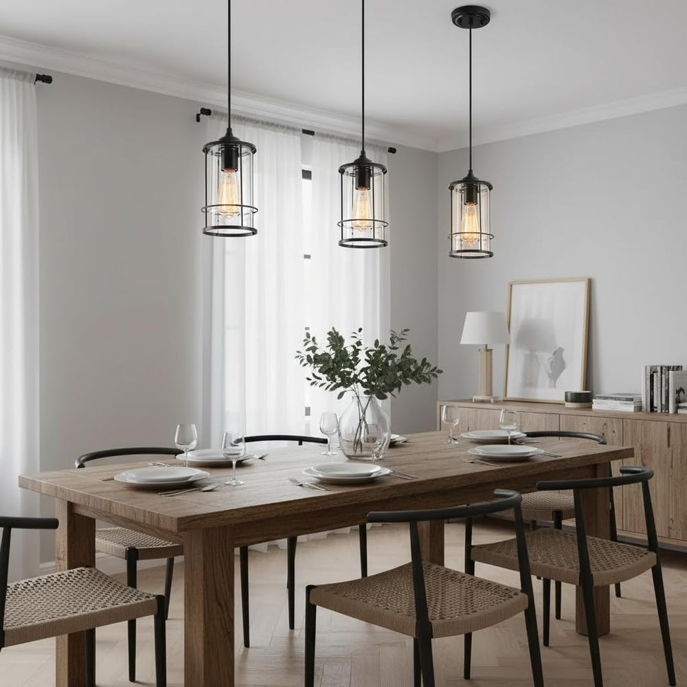AKEZON Black Pendant Lights Kitchen Island, Farmhouse Cage Glass Light