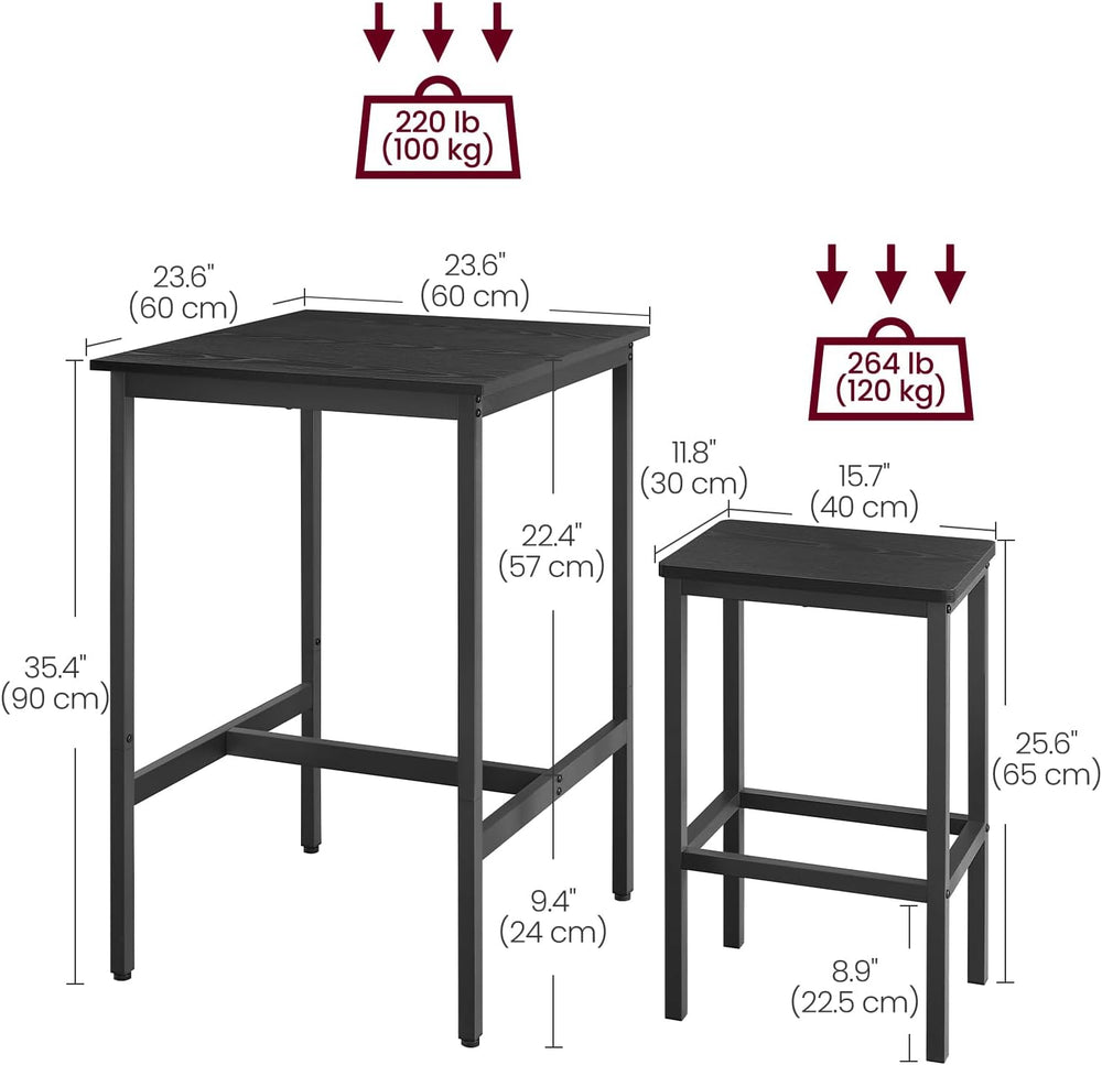 VASAGLE Bar Table and Chairs Set, Square, with 2 Stools, Space Saving