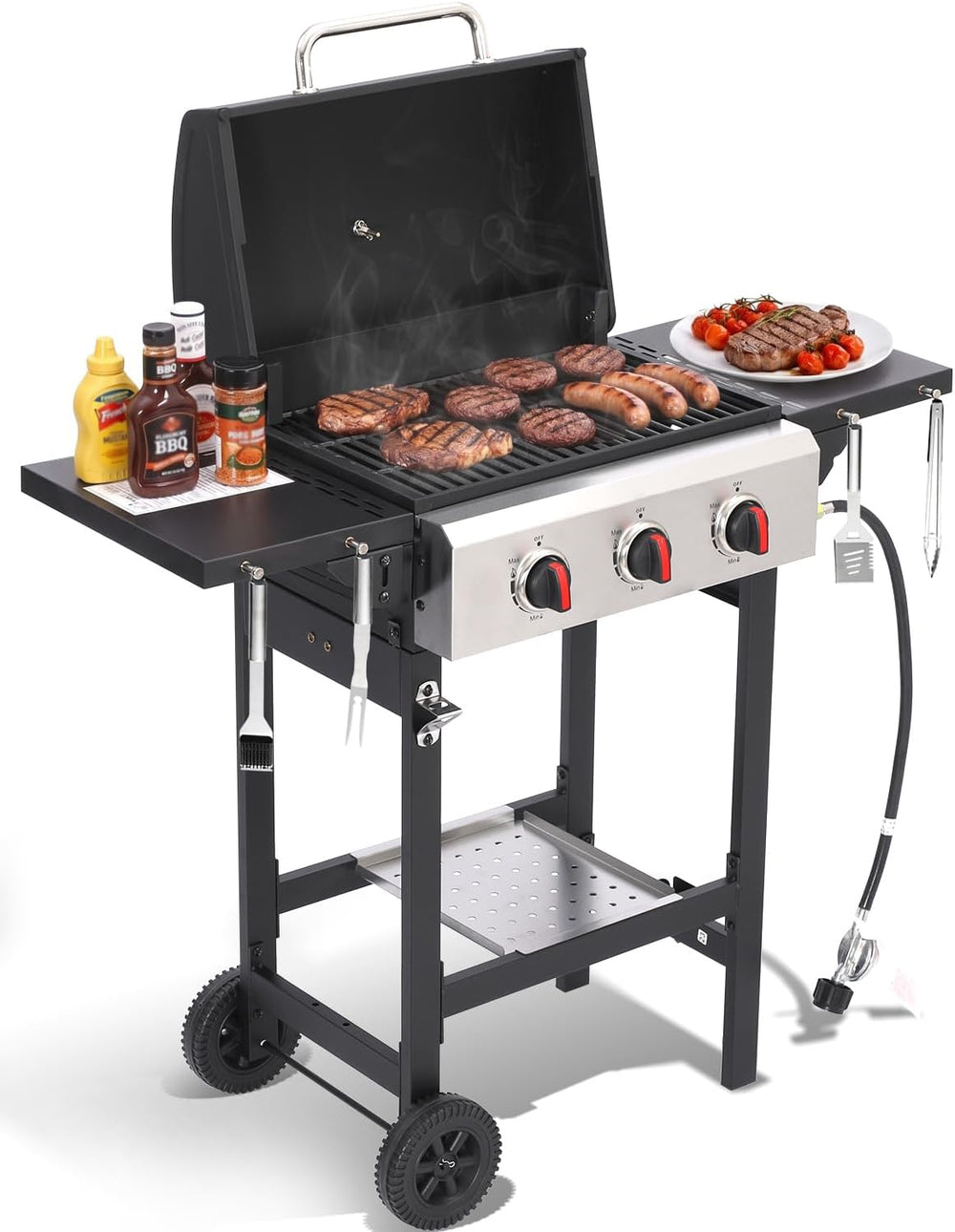 3-Burner Propane Gas Grill with Folding Side Tables