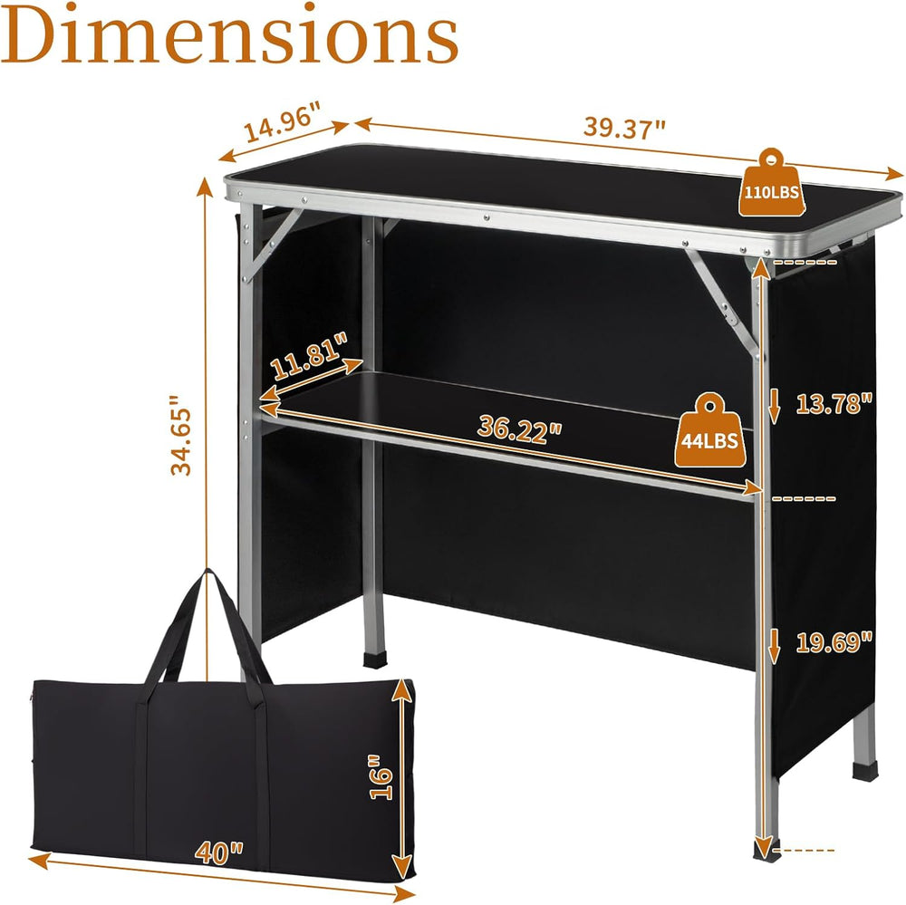 Vasitelan Folding Portable Bar Table with 2 Tier Shelves and Skirt,Black