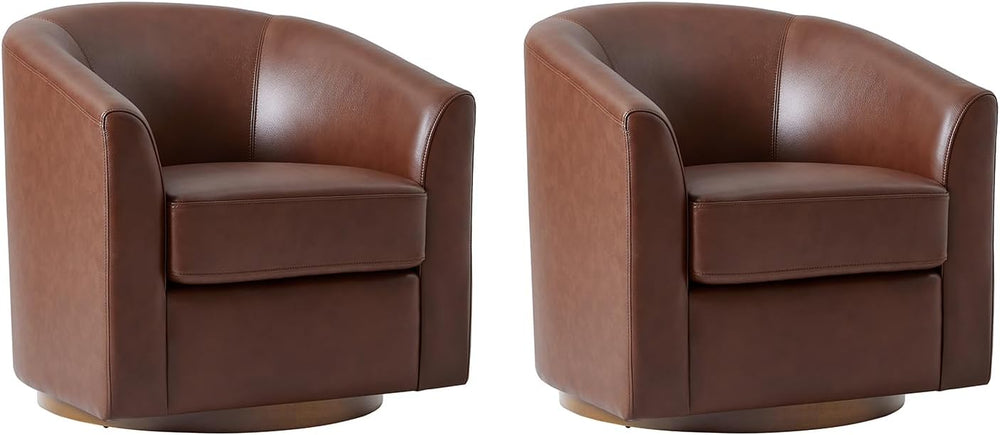 HULALA HOME Genuine Leather Swivel Barrel Accent Chairs Set of 2, Brown