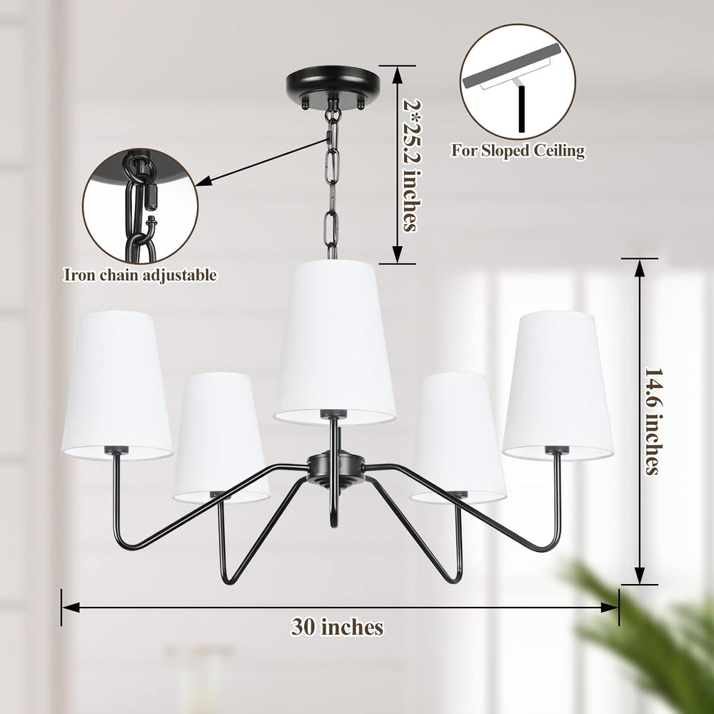 5-Light Black 30” Modern Chandelier with White Shades for Dining Room