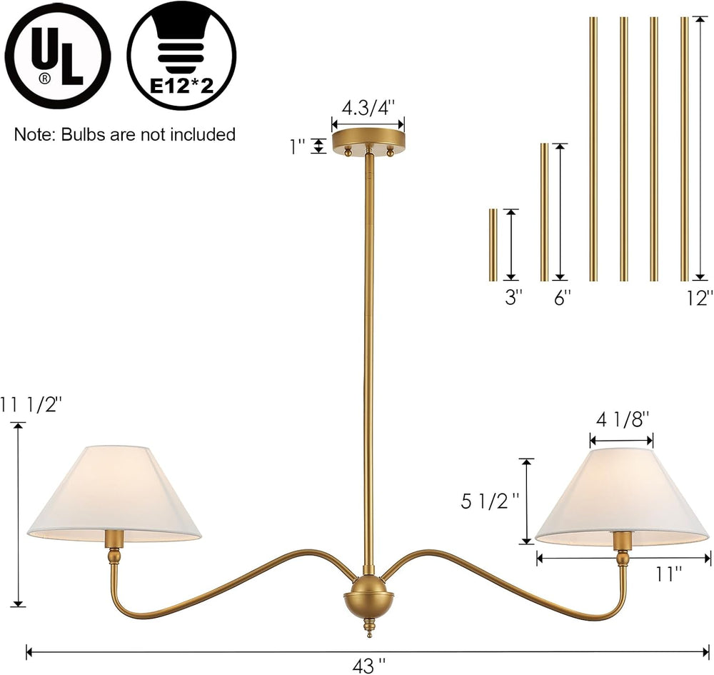 Modern Gold Linear Chandelier for Kitchen Island, 2-Light Linear Light Fixtur...