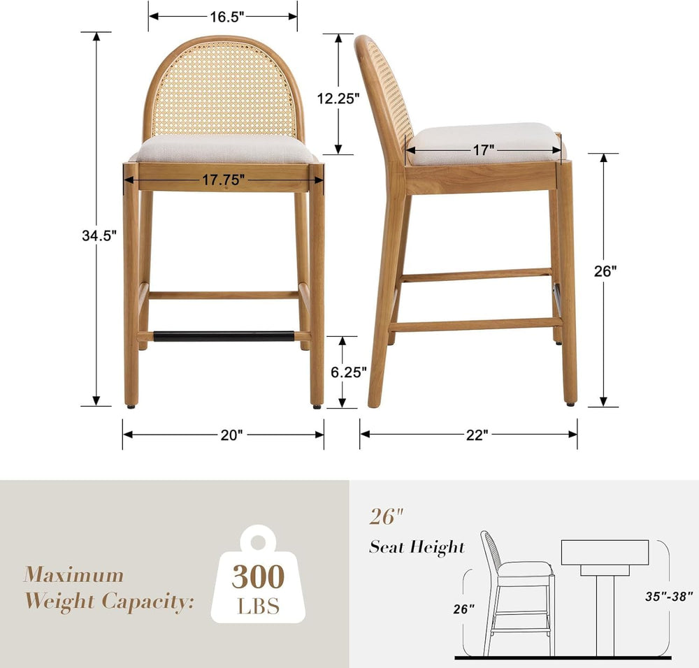 HEAH-YO Rattan Bar Stools Set of 4, 26 Inch Counter Height Bar Stools with Ba...