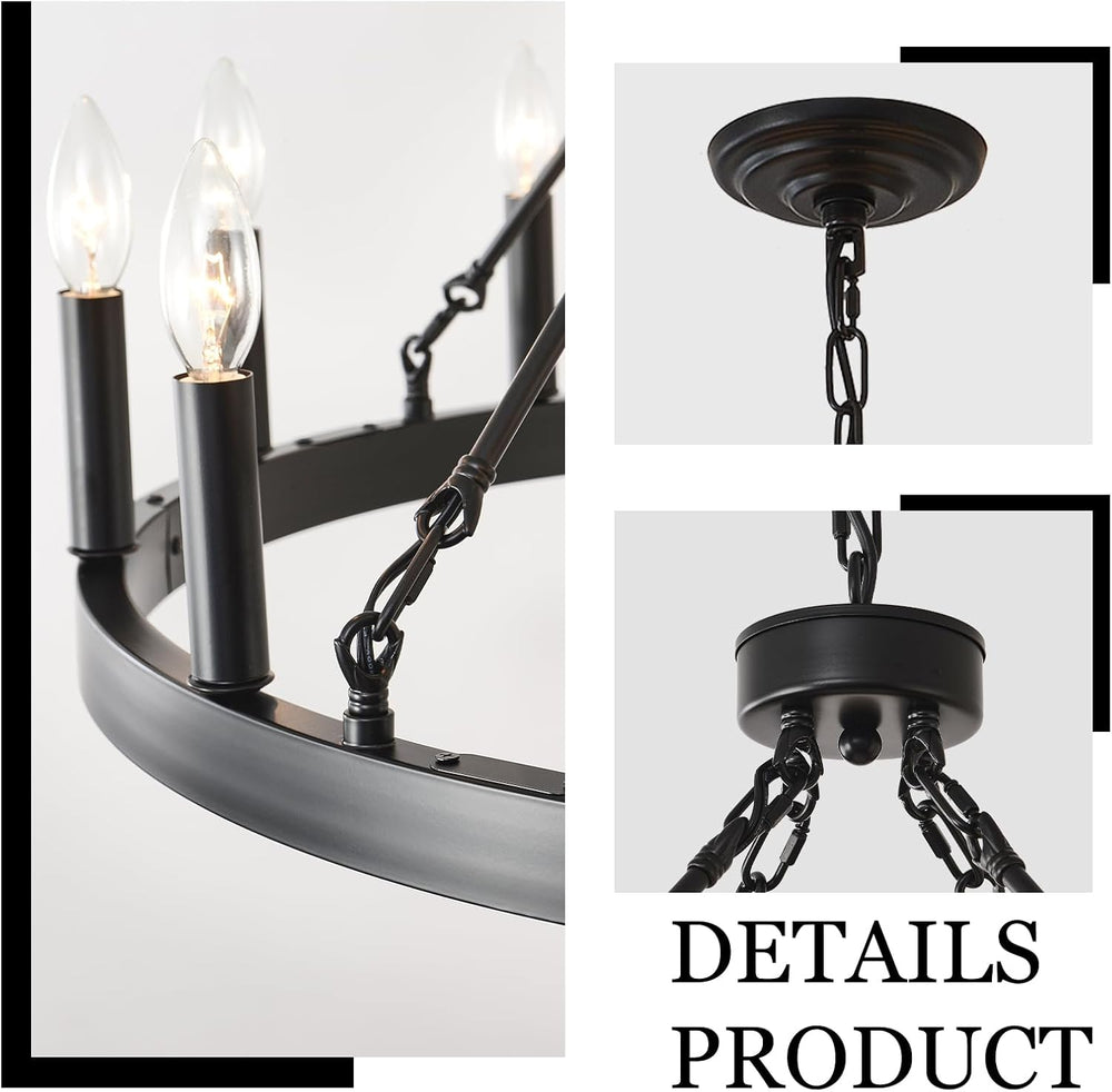 32" Wagon Wheel Light Fixture 12-Light Black Round Entryway Chandeliers