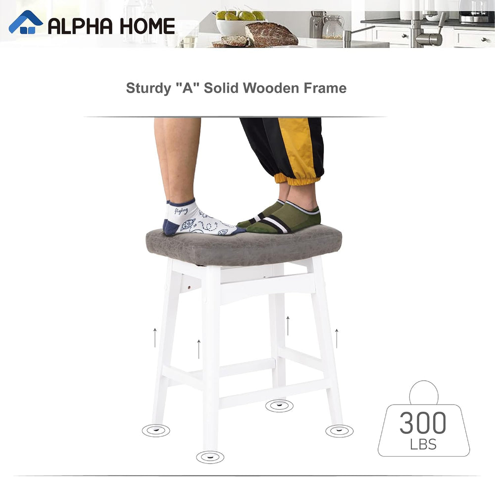 ALPHA HOME 24 Inch Bar Stools Set of 4, Solid Wood Saddle Kitchen Stools