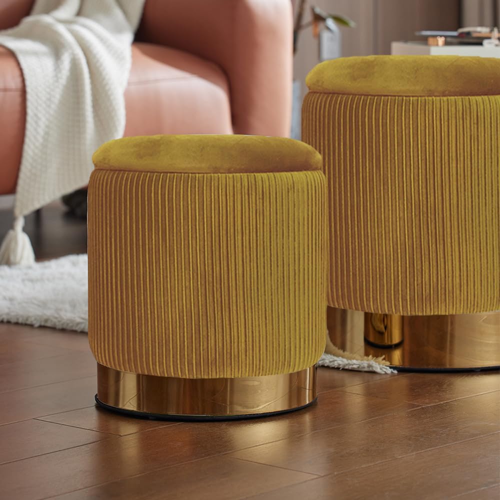 YYW HOME Round Ottoman with Storage Set of 2, Yellow Velvet Vanity Stool