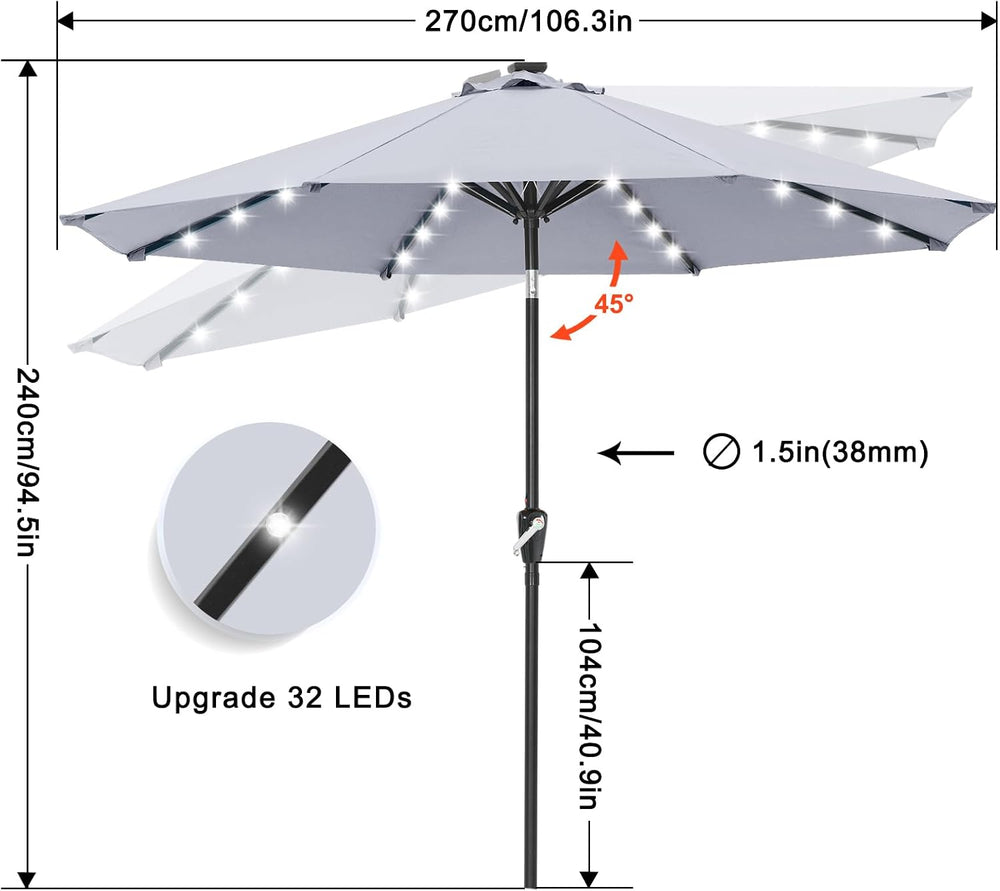 ABCCANOPY Solar Led Patio Umbrella with 32 Lights 9FT(Light Gray)