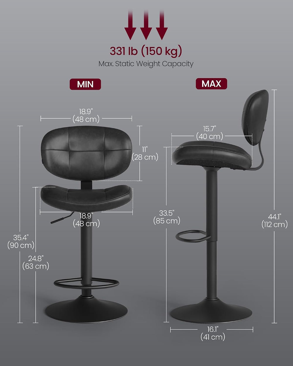VASAGLE Bar Stools Set of 2, Height Adjustable Swivel Chairs, PU Leather