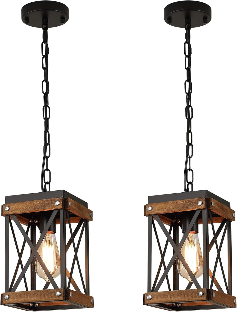 2 Pack Rustic Farmhouse Wood Pendant Light Fixture One-Light Adjustable Chain...