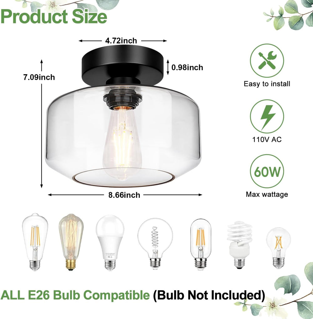 Lynnoland Industrial Farmhouse Semi Flush Mount Ceiling Light, Black, Clear G...