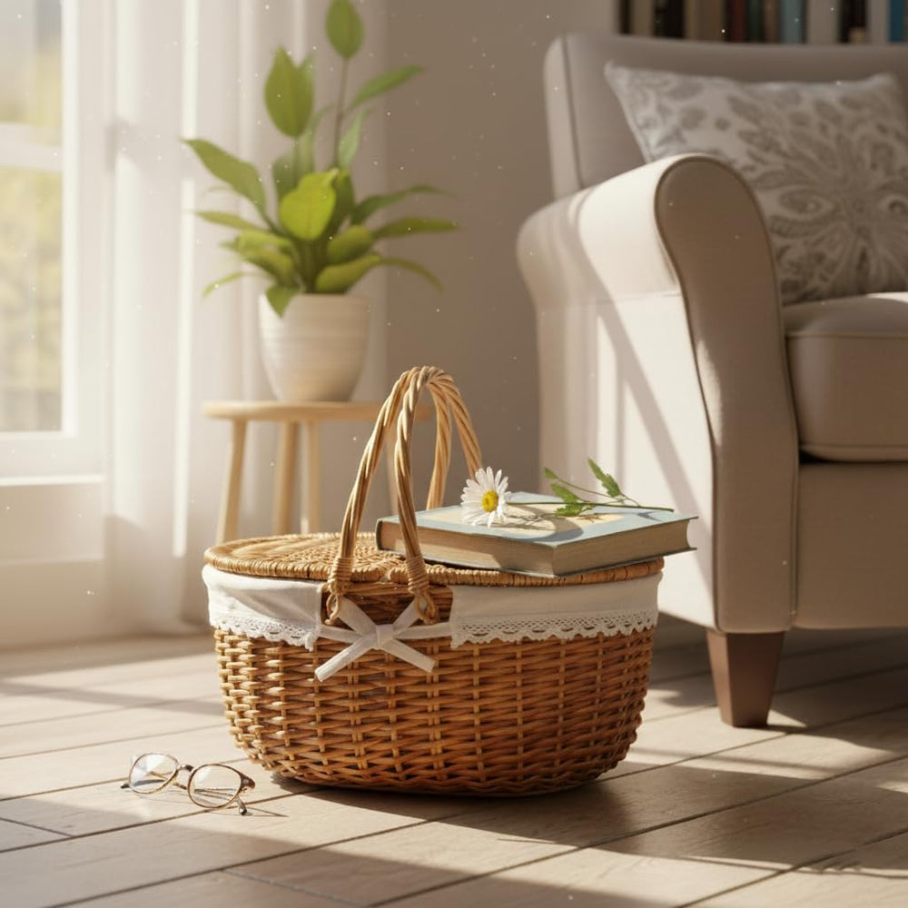 Wicker Picnic Basket with Lid and Handle 15" Sturdy Woven Body with Wash...
