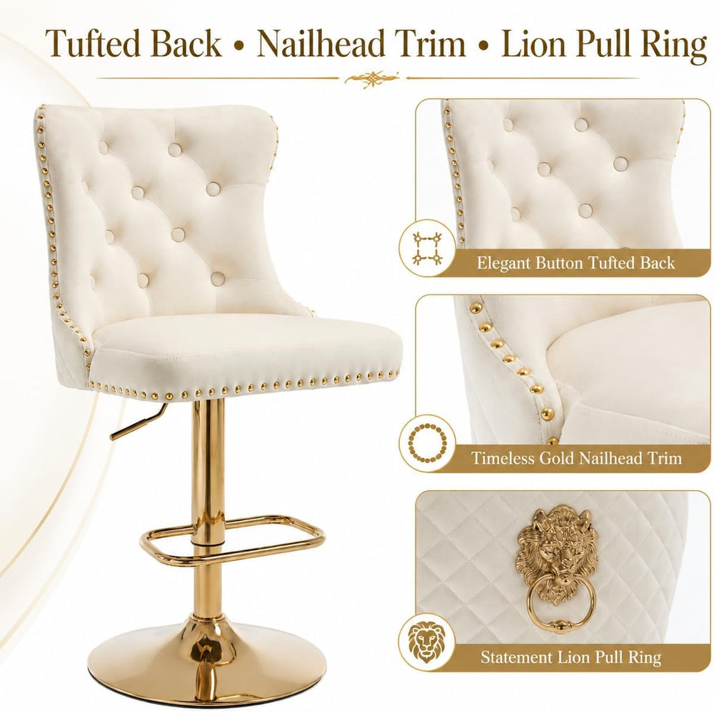 Gold Swivel Bar Stool, Cream Seat, Adjustable Counter Height