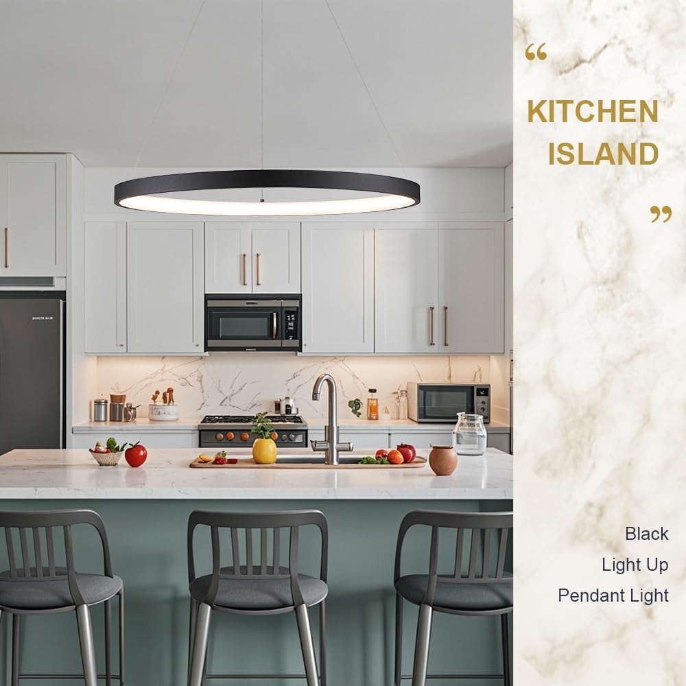 Modern LED Pendant Light Black Ring Chandelier 24" Dimmable Flush Mount ...