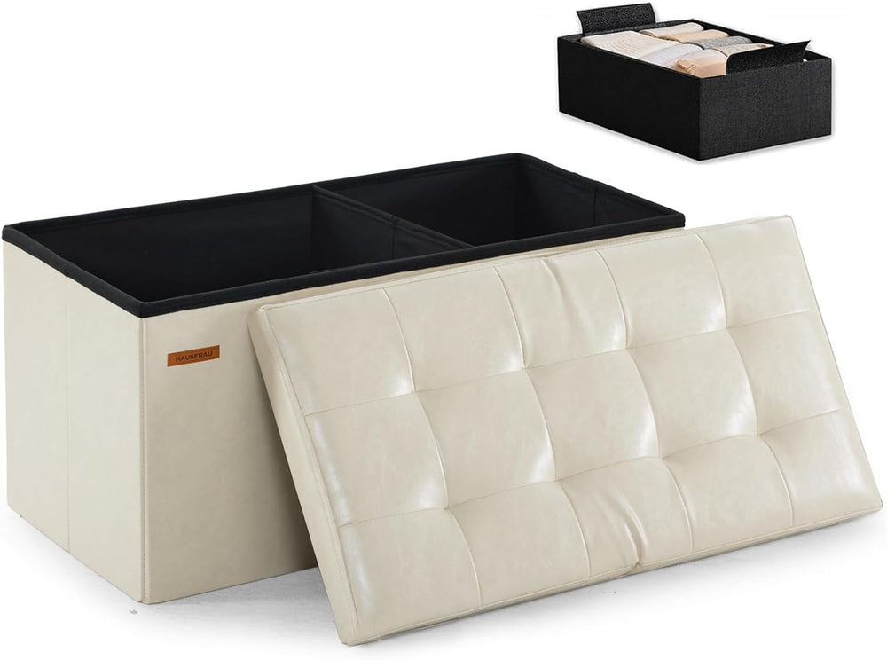 HAUSFRAU Ottoman with Storage Bench Folding Foot Rest Stool Ivory