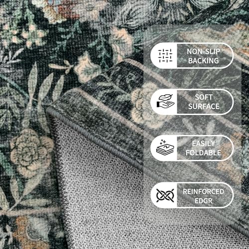 Vintage Botanical Area Rug 9x12: Floral Carpet Non-Slip - Dark Green