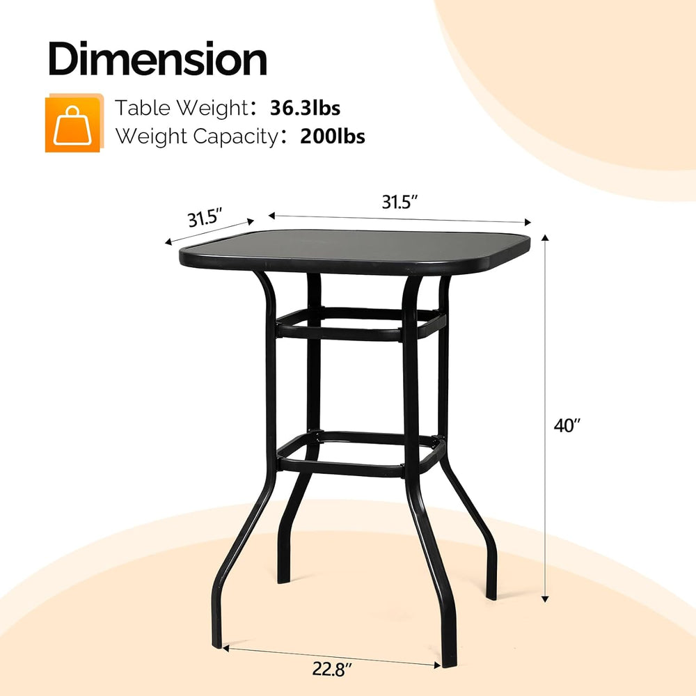 VINGLI 32" Outdoor Patio Bar Height Table, Square Tempered Glass Metal T...