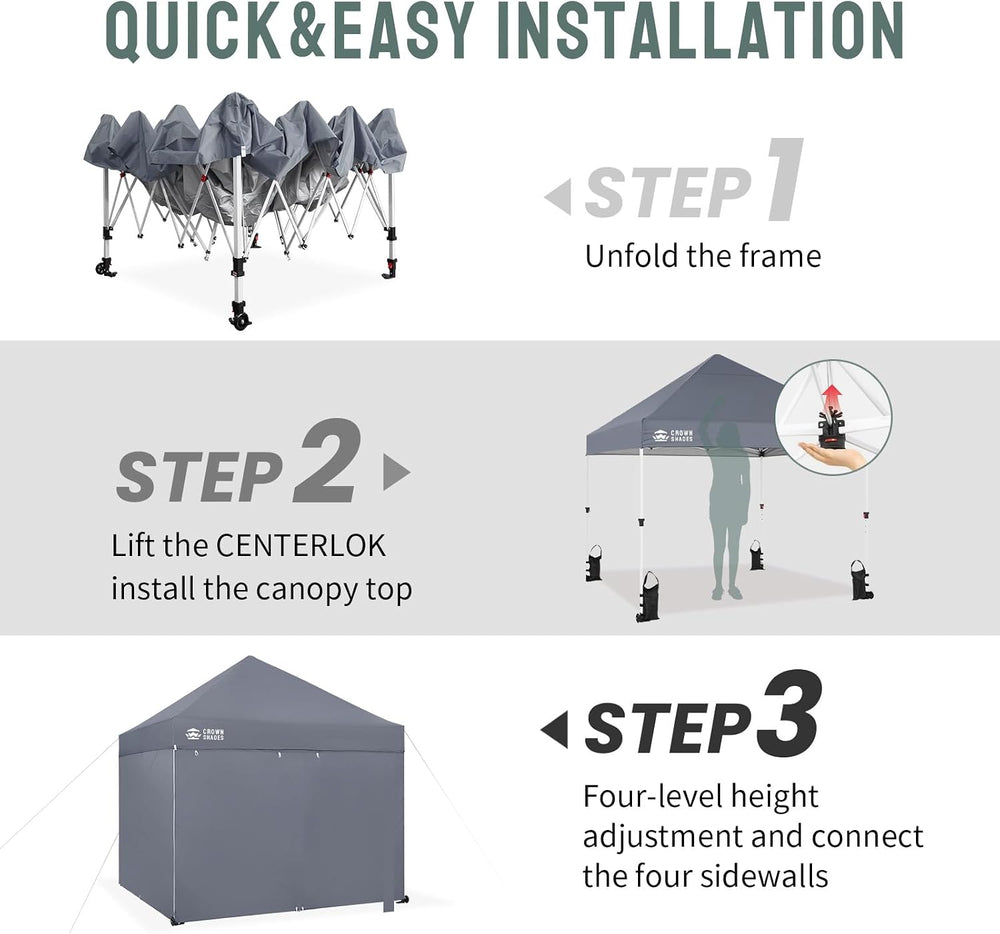 CROWN SHADES 8x8 Commercial Pop Up Canopy Tent with Sidewalls, Gray