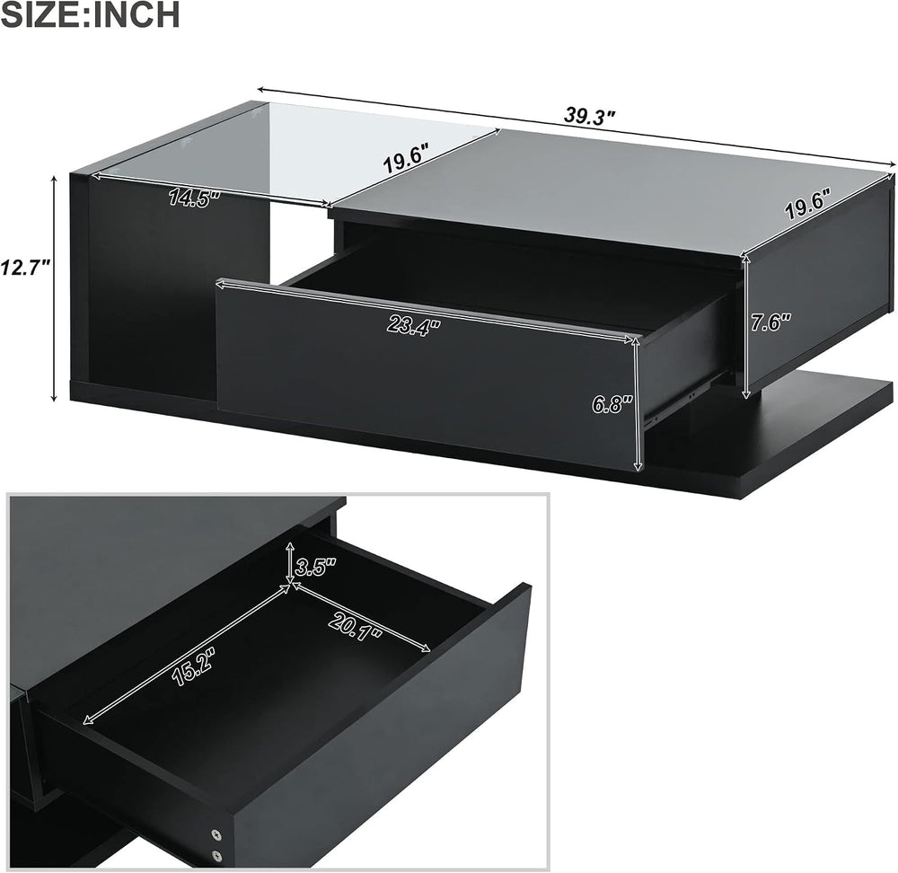 Modern Coffee Table with Tempered Glass, Wooden Cocktail Table with High-Glos...