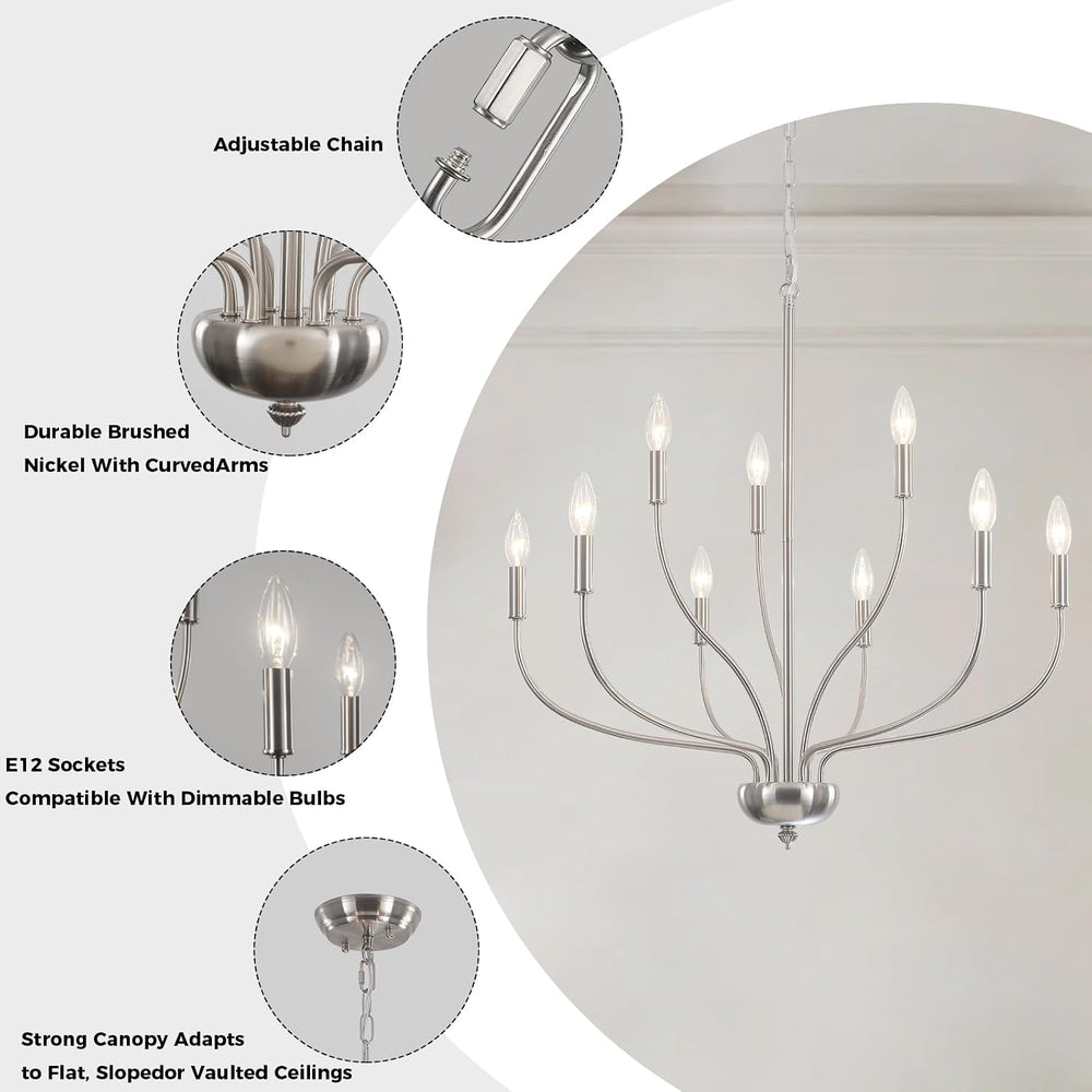 Brushed Nickel Chandelier, 9-Light Farmhouse Chandelier for Dining Room Light...