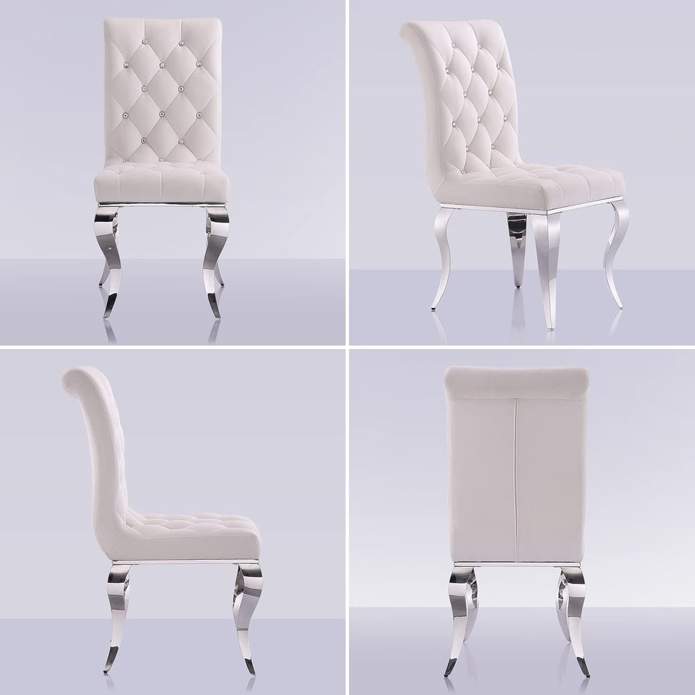White Velvet Dining Chairs with Silver Mirrored Legs, Set of 6