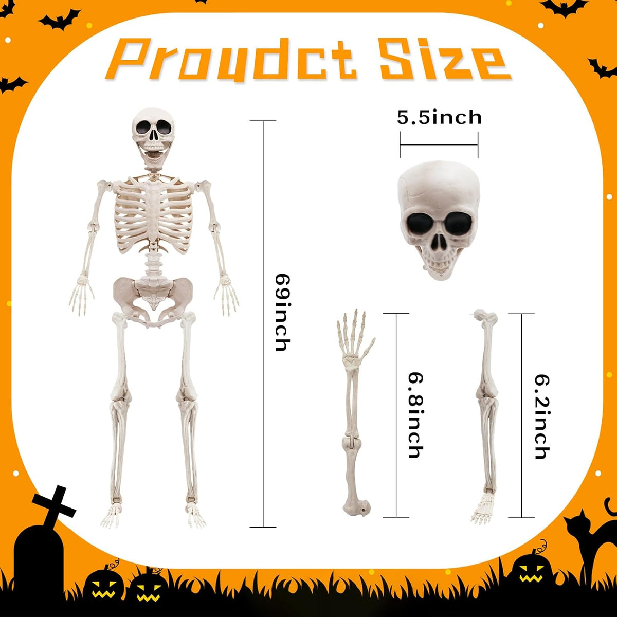 5.75ft Life Size Giant Halloween Skeleton, 69" Posable Full Body Skeleton with Movable Joints, Halloween Skeleton Decorations for Yard Porch Outdoor Indoor Haunted House Graveyard
