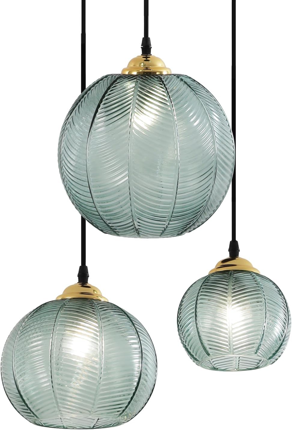 KCO 3-Light Vintage Green Ribbed Glass Globe Cluster Pendant Light Fixture