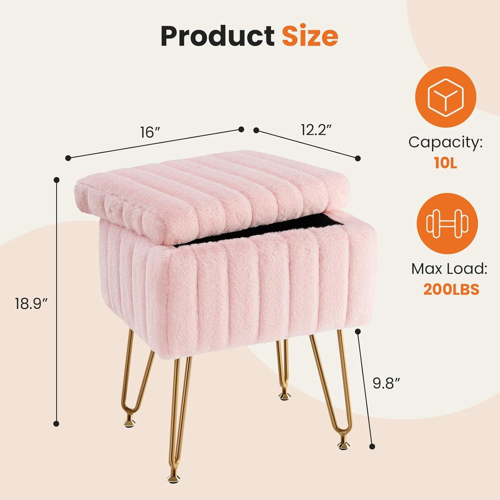 Sweetcrispy Vanity Stool Chair with Storage, 18.9”H x 16”L x 12.2”W Ottoman C...