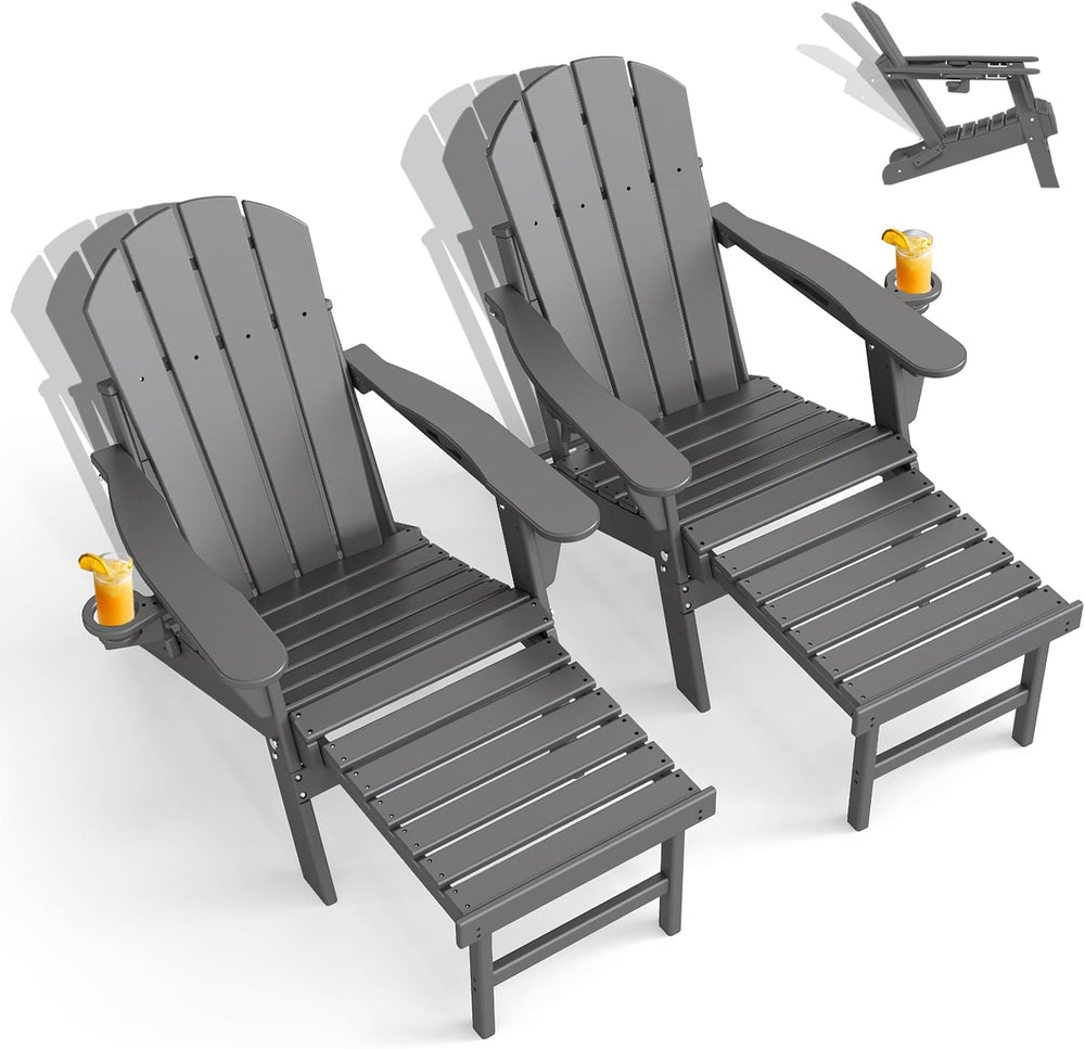 GREENVINES Adjustable Adirondack-Chairs-with-Ottoman Set of 2, HDPE, Grey