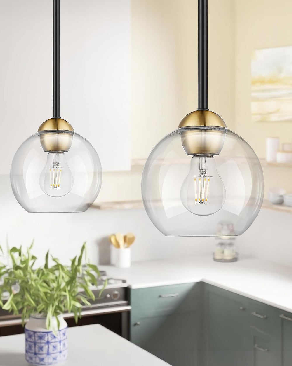 Emak 2 Pack Black and Gold Pendant Light Fixtures, Modern 7 Inch Globe Pendan...