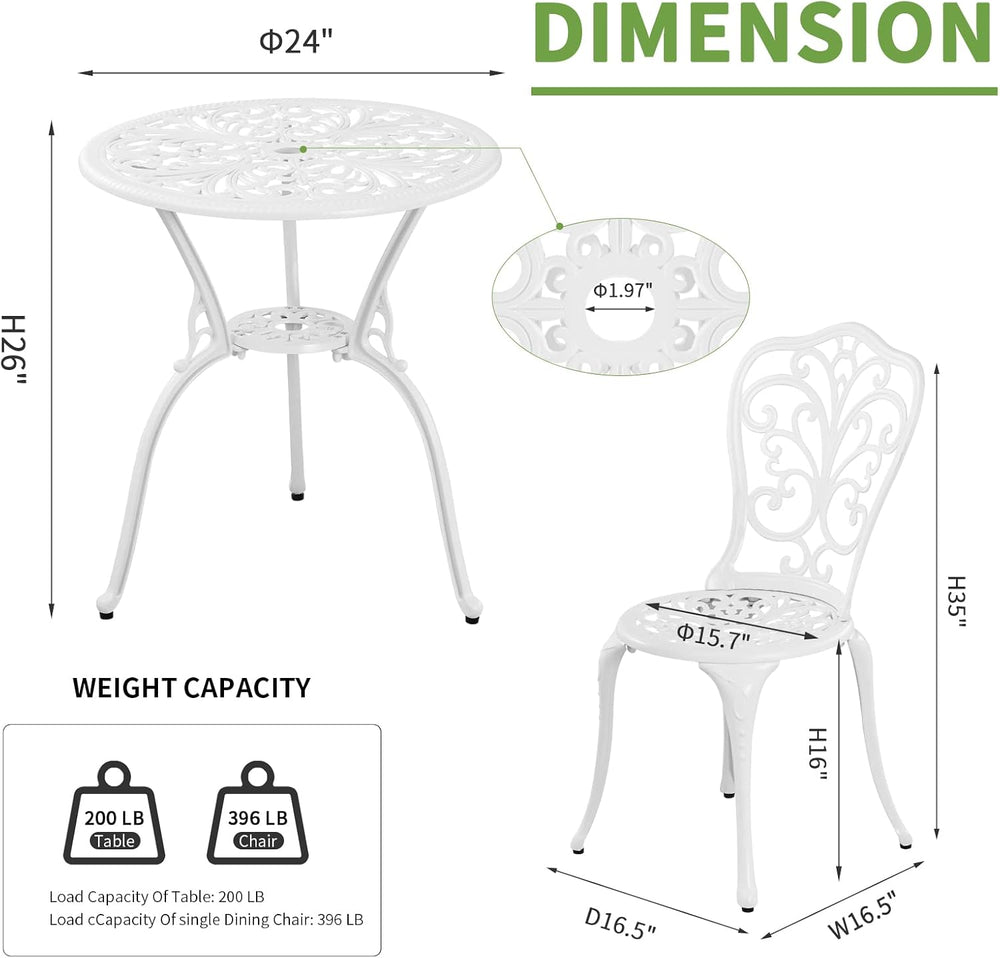 Bistro Set 3 Piece Outdoor Cast Aluminum Patio Bistro Set with Umbrella Hole,...