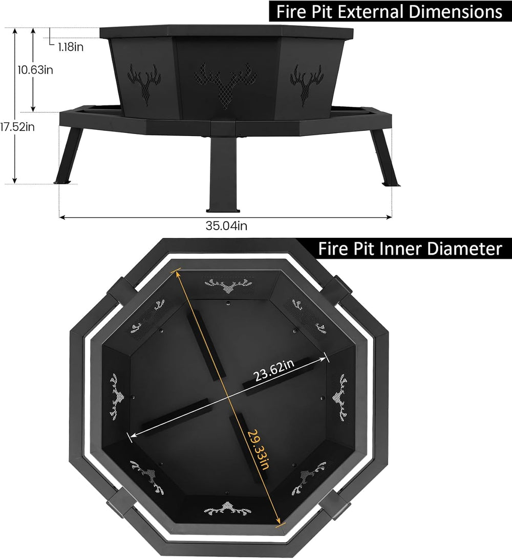 BOINN 35 Inch Octagonal Outdoor Fire Pit, Fire Pits for Outside Wood Burning ...