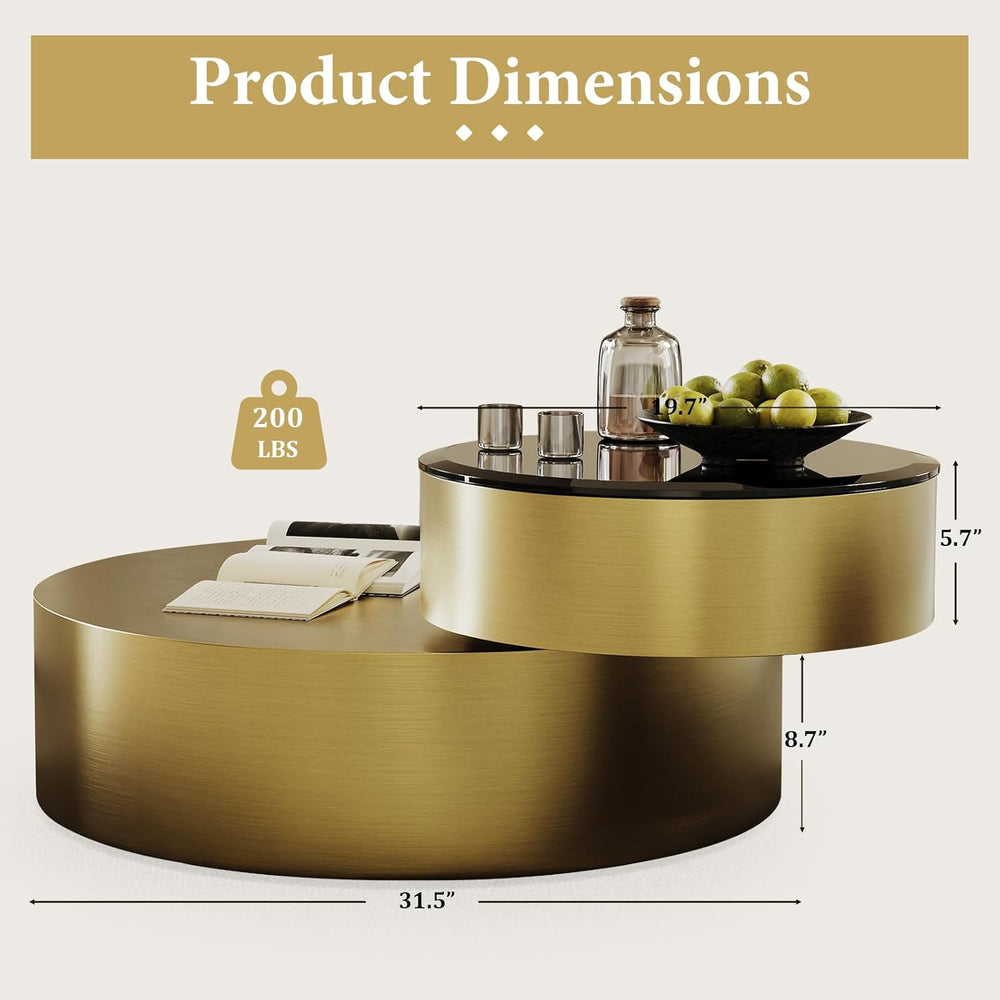 Brass Round Rotatable Top Coffee Table, 2 Tier Circle Coffee Table with 360° ...