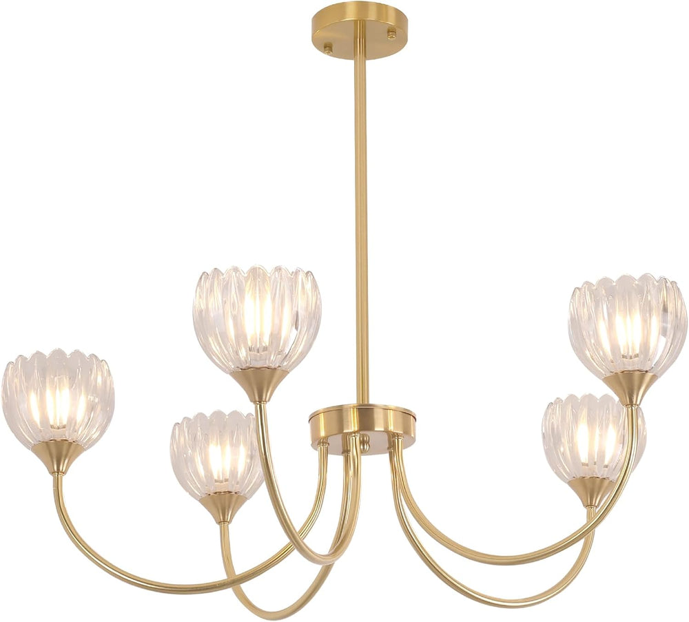 Shenmoyl 30.31" Brass Gold 5-Light Chandelier, 5-Arm Clear Tulip Glass P...