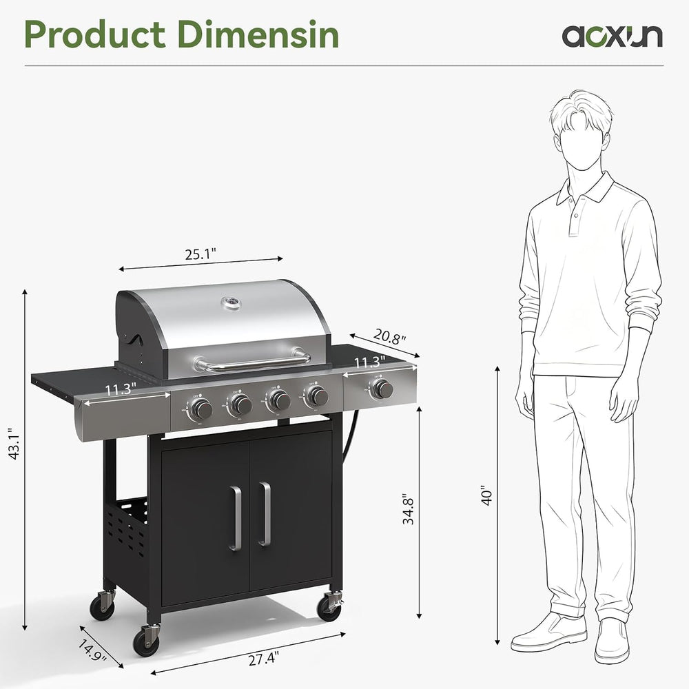 Aoxun 4-Burner 49000 BTU Propane Grill with Side Burner, Black