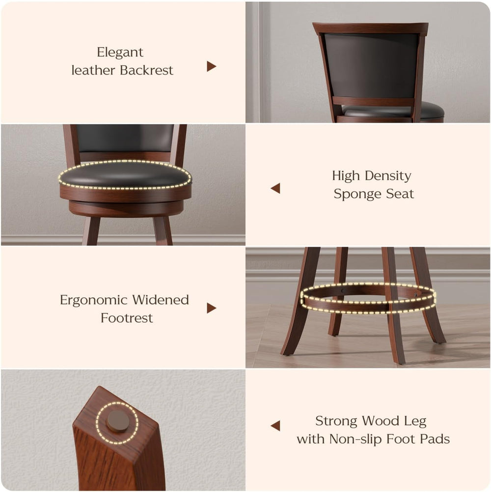 Bar Stools Set of 2, 24" Counter Height Island Chairs, Walnut