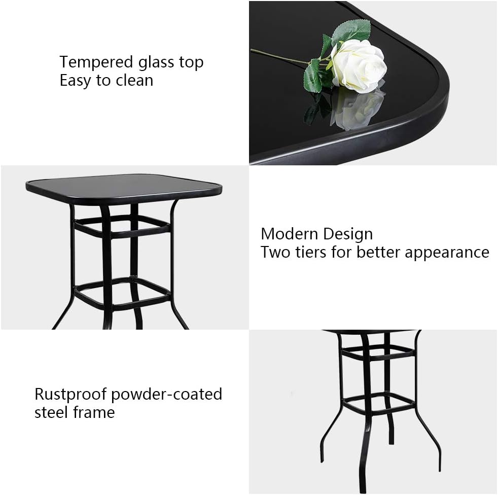 VINGLI 32" Outdoor Patio Bar Height Table, Square Tempered Glass Metal T...