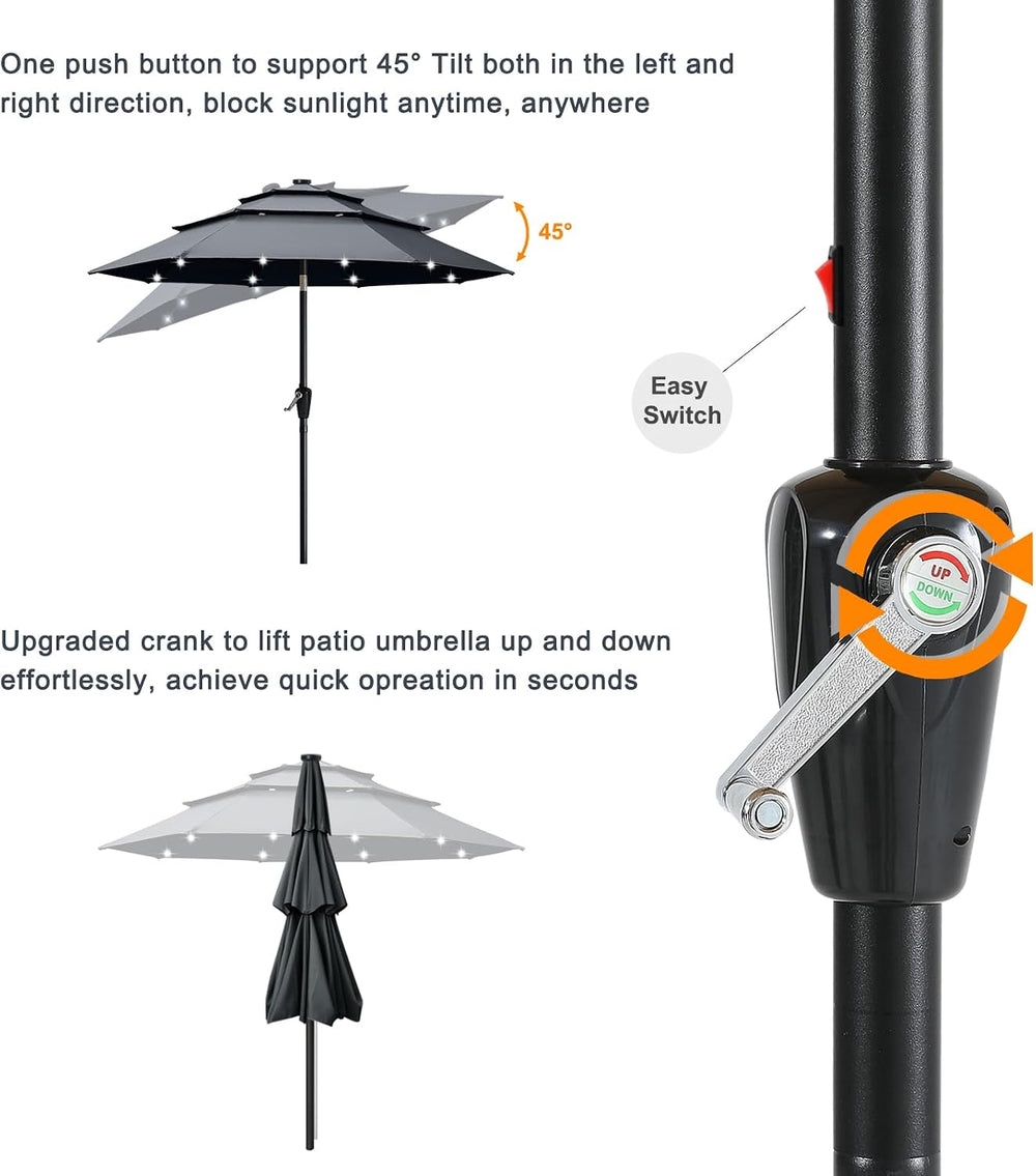 ABCCANOPY 11FT 3-Tier Solar Patio Umbrella, 32 LED Lights, Dark Gray