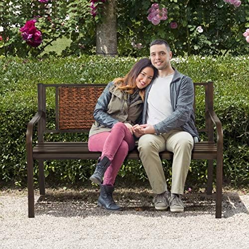 S AFSTAR Outdoor Garden Bench, Brown, Iron, Metal, Polyethylene, Rattan, 50.5...