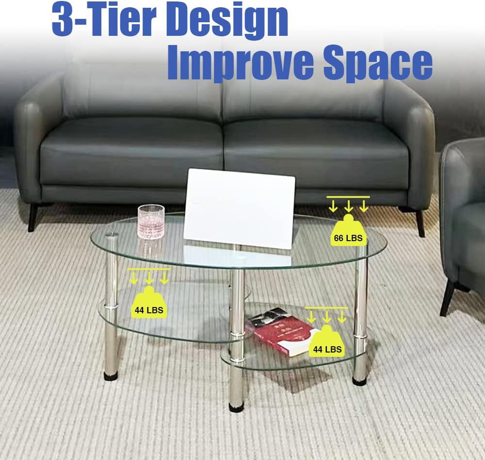 Oval-Shaped Glass Tea Table for Office, 3-Tier Modern Coffee Table, End Table...
