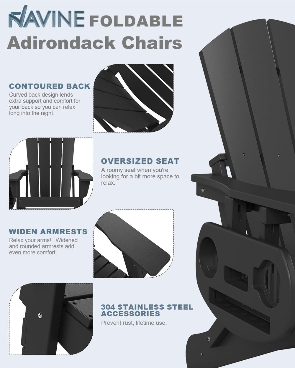 NAVINE Folding Adirondack Chairs with 4-in-1 Cup Holder for Fire Pit, Black