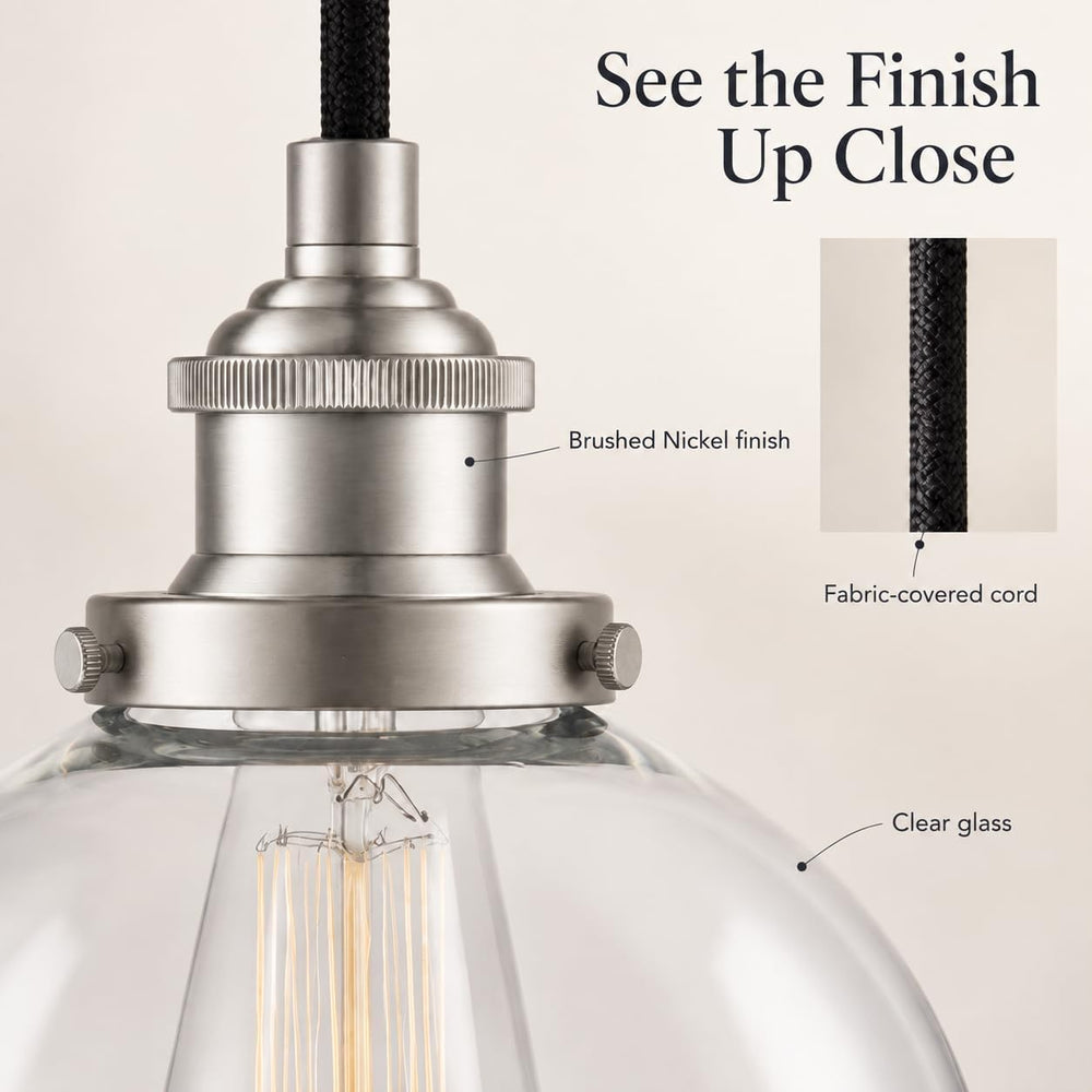 Primo Brushed Nickel Glass Globe Pendant Light, Kitchen Island, LED Bulb