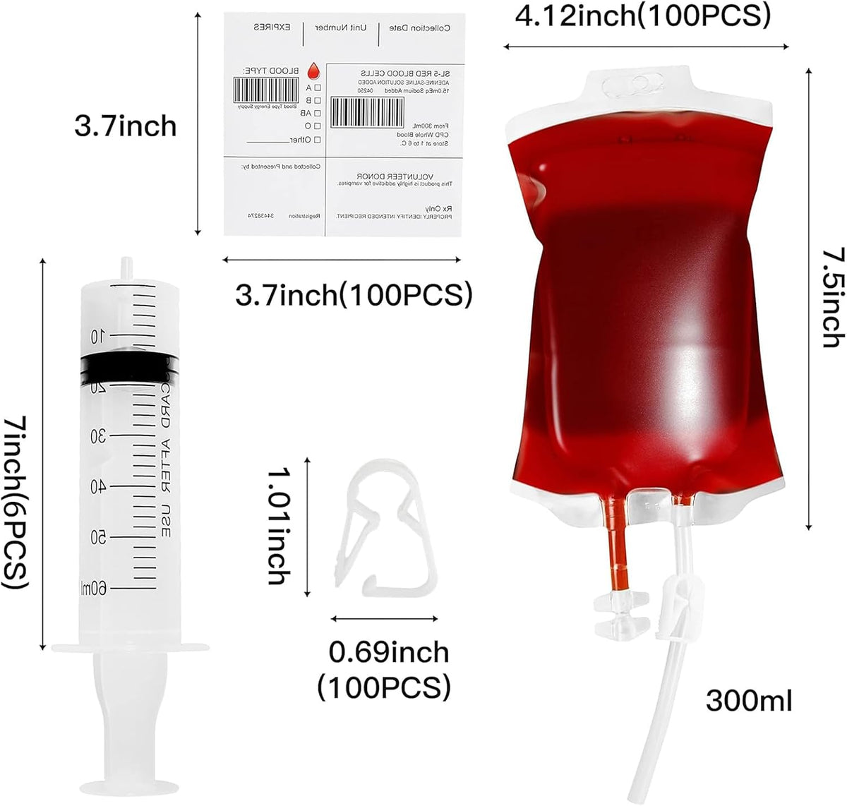 Garma 100 Pack Halloween Blood Bags for Drink, Reusable Drink Cups Containers with Syringe and Clips Pouch Prop for Vampire Zombie Hospital Theme Party Supplies