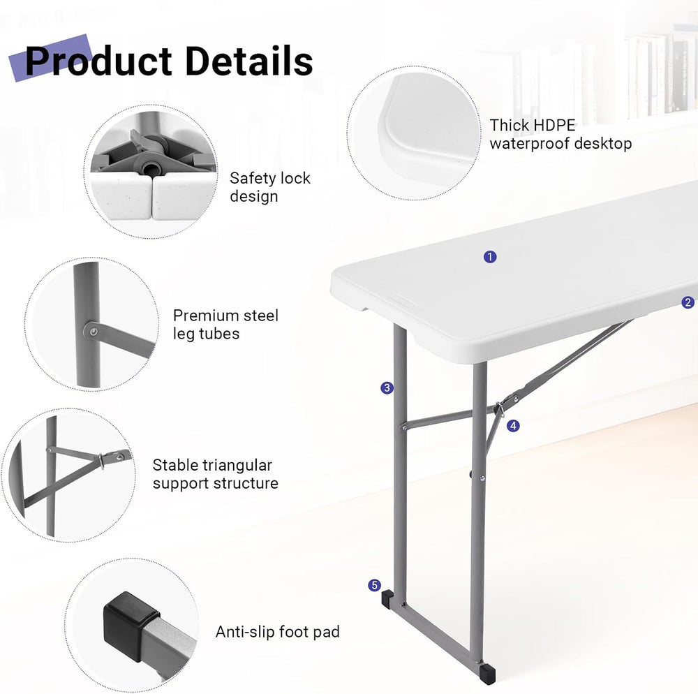 Byliable Folding Table 6FT Narrow Portable Plastic Heavy Duty Table, White