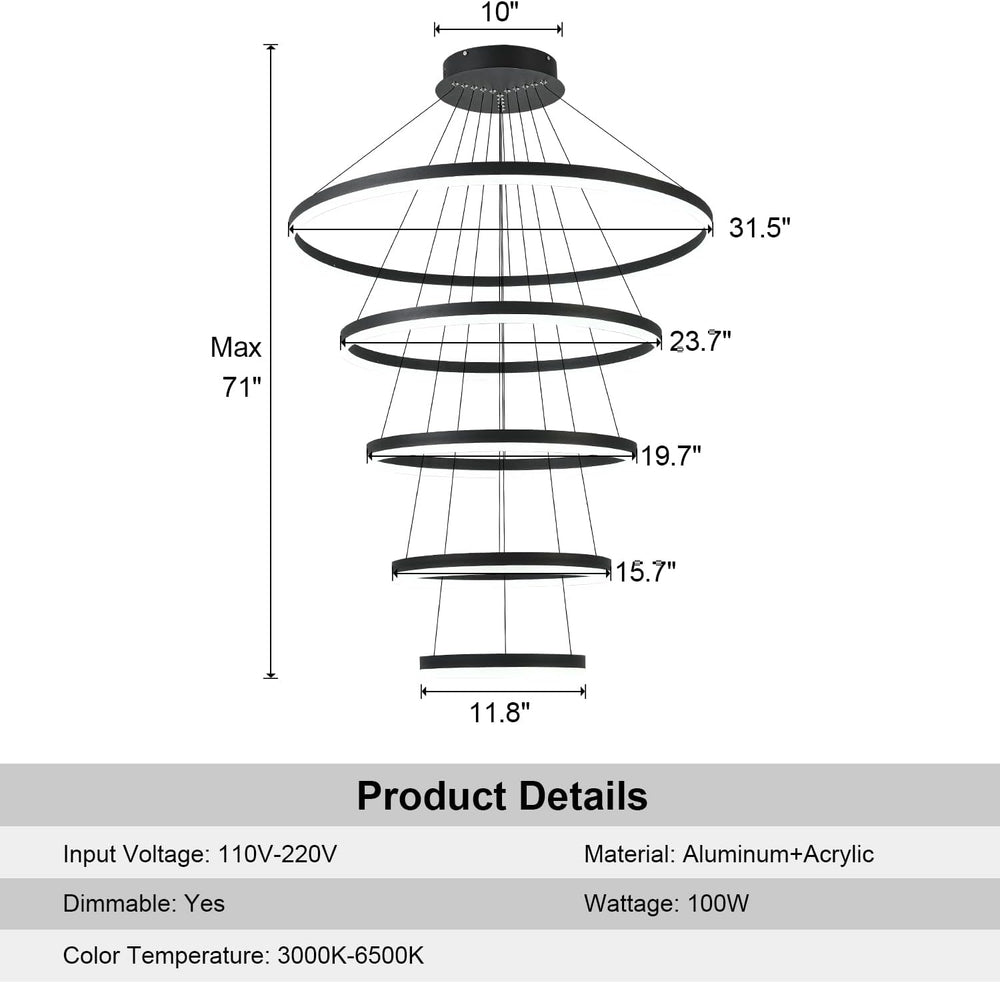 5-Rings Modern LED Chandelier Black Dimmable High Ceiling Chandelier for Dini...