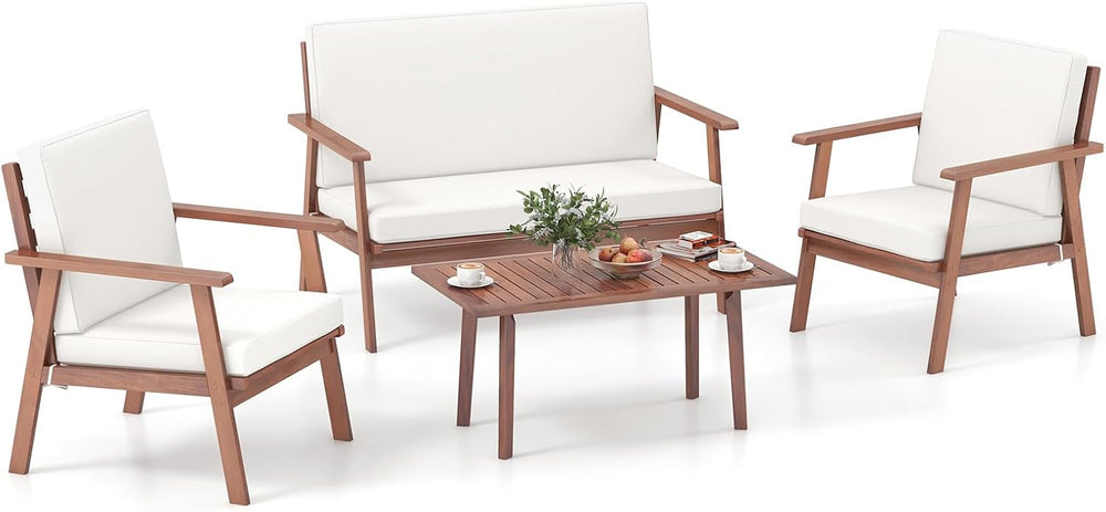 Tangkula 4 Piece Outdoor Conversation Set, Acacia Wood Sofa Set with Soft Sea...